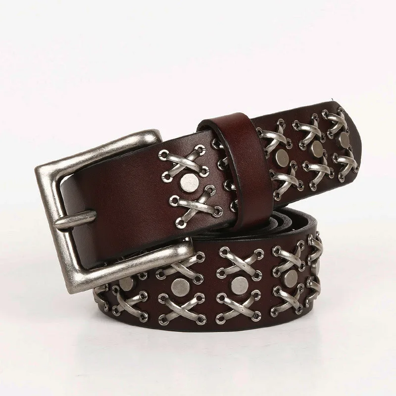 

mens casual genuine leather rivets belts party nightclub studded belt women's stylish pin buckle strapon cowgirl cool waistband