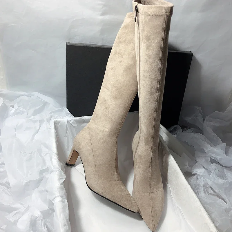 Pointed Toe Women Sock Knee High Boots Fashion Zippers Slim Long Booties Square Heel Autumn Winter Ladies Shoes