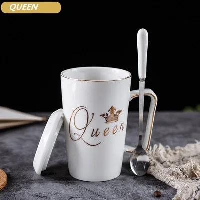 2PCS/SET Couple Cup Ceramic Mug With lid an Spoon King&queen Valentine\'s Day Wedding Birthday Gift