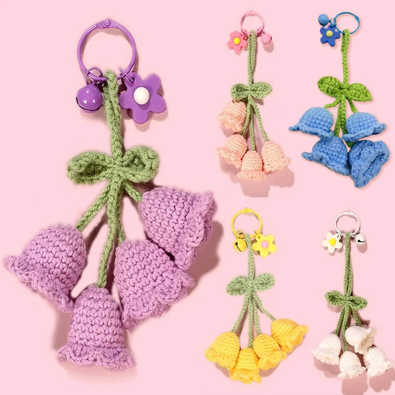 Crochet Flowers Bell Orchid Keychain Key Ring Knitted Flowers Bag Hanging Ornament Car Pendant Keyring Women Gifts Accessories