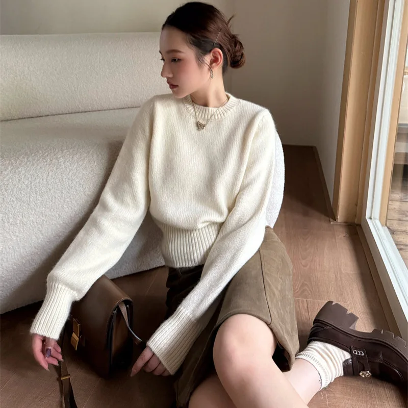 

Женские шерстяные вязаные пуловеры, джемпер, однотонный свитер с круглым воротником и длинными рукавами, свободные офисные женские элегантные повседневные осенне-зимние 2025