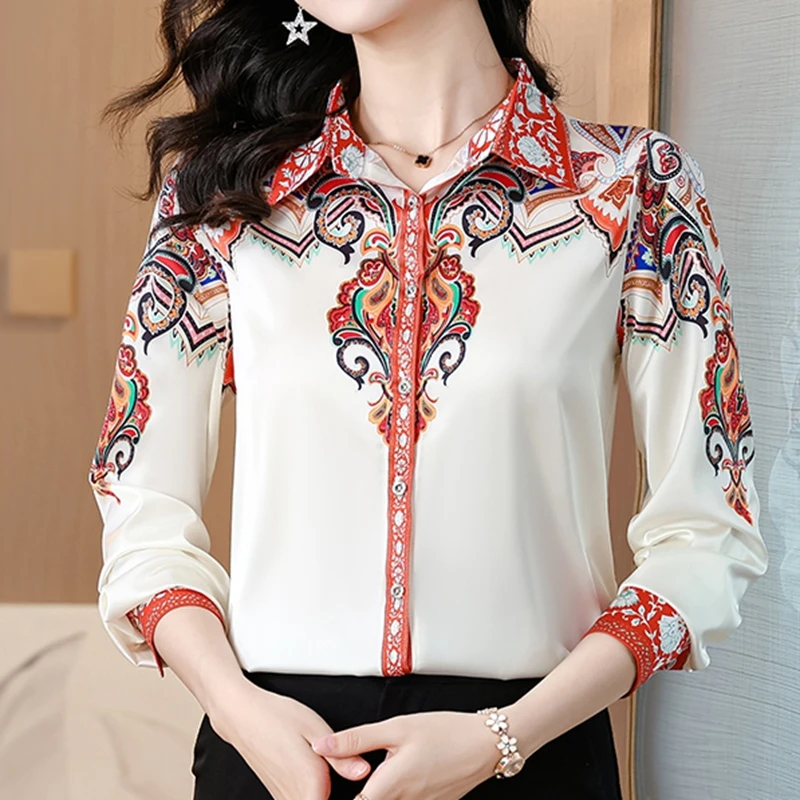 

Chic Flower Printed Satin Silk Shirts Women Blouses Fashion Office Ladies Work Shirts Long Sleeve Tops