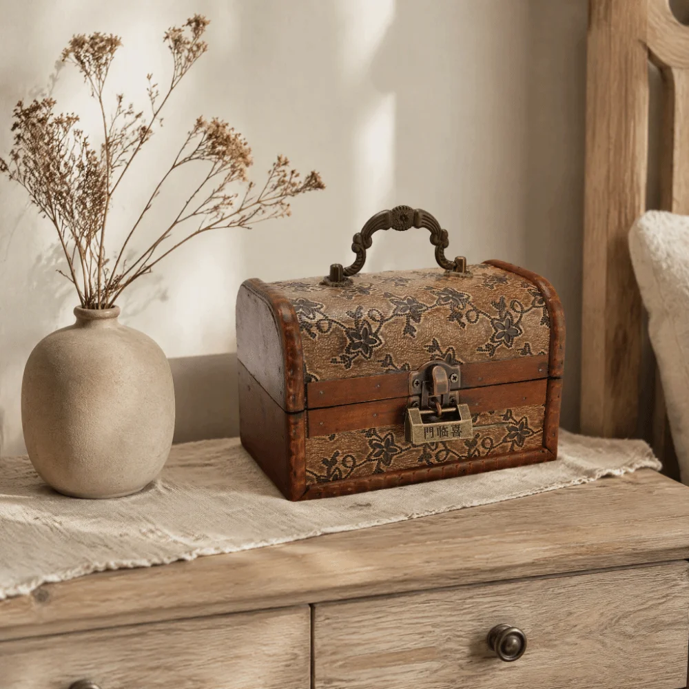Wooden Jewelry Storage Box Black Floral Pattern Vintage Style Retro Jewelry Case Exquisite Design Decorative Storage Chest