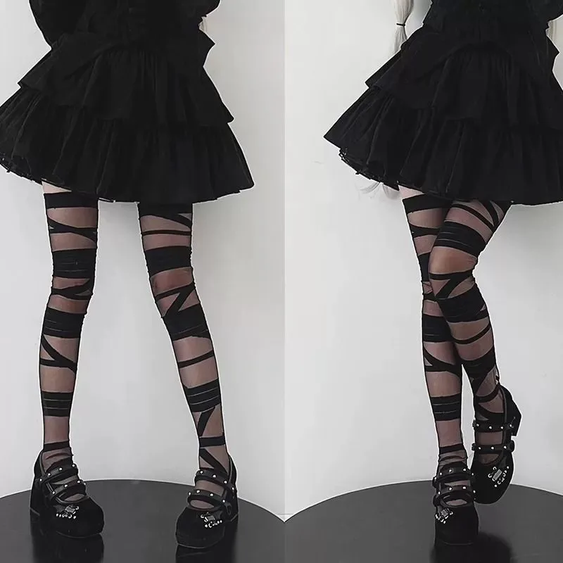 1/2 Paar Damen Slim Fit Strumpfhose mit Kreuzbindung, modische Lolita JK-Style, dünne, atmungsaktive, sexy, gestreifte Seidenstrümpfe für den Sommer – Detail 5