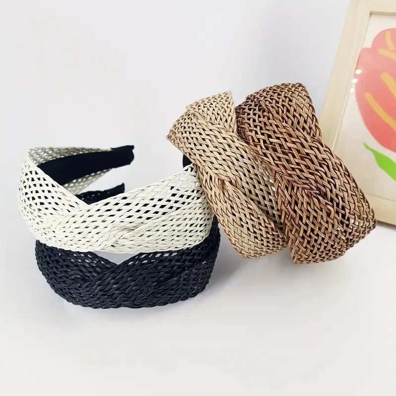 موضة الشاطئ نمط القش عقال Bohe رباط شعر النسيج عبر الشعر هوب النساء هيرباند واسعة الحواف أغطية الرأس إكسسوارات الشعر