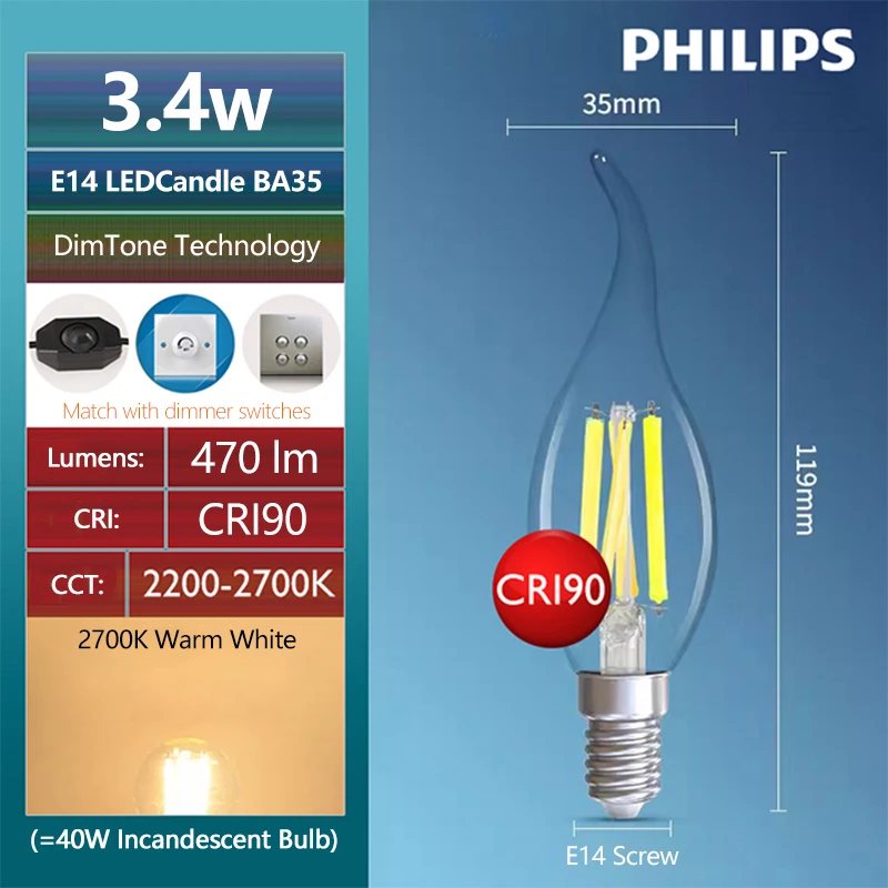Philips Master Glas LED Kaars Glans E14 E27 Lamp Gloeidraad B35 P45 A60 Heldere Lamp DimTone DimTone Dimbaar Warm Wit Binnenlicht