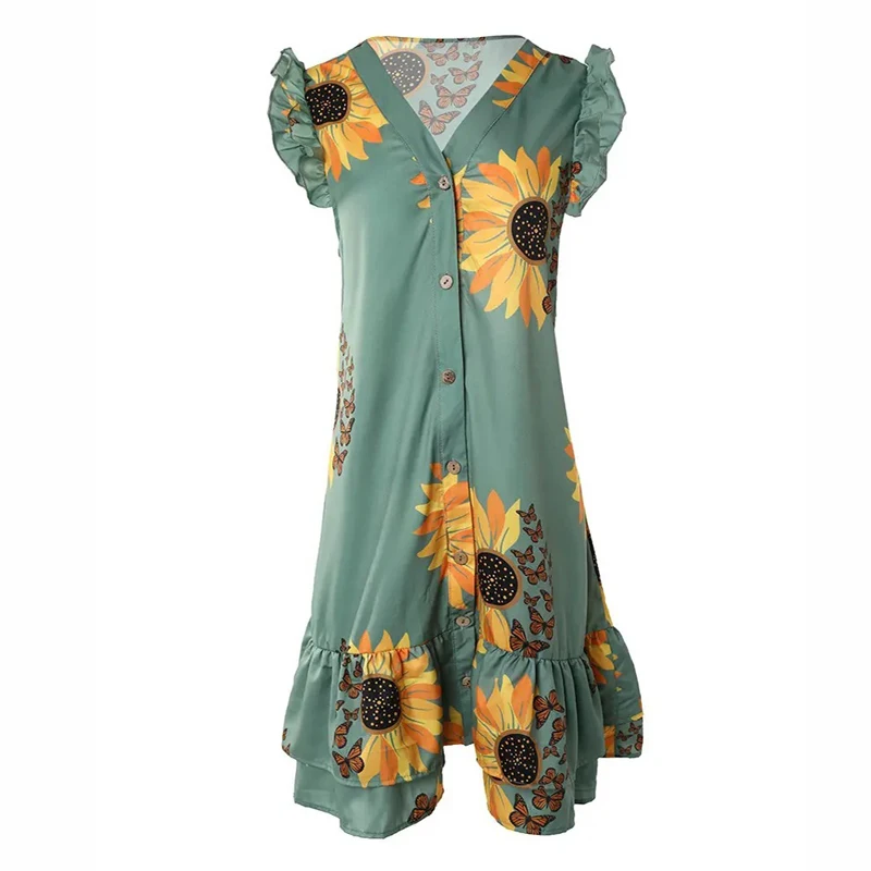 Vestido holgado con cuello en V para mujer, Vintage con estampado Floral elegante Vestido camisero, manga voladora, volantes, botonadura única, Verano