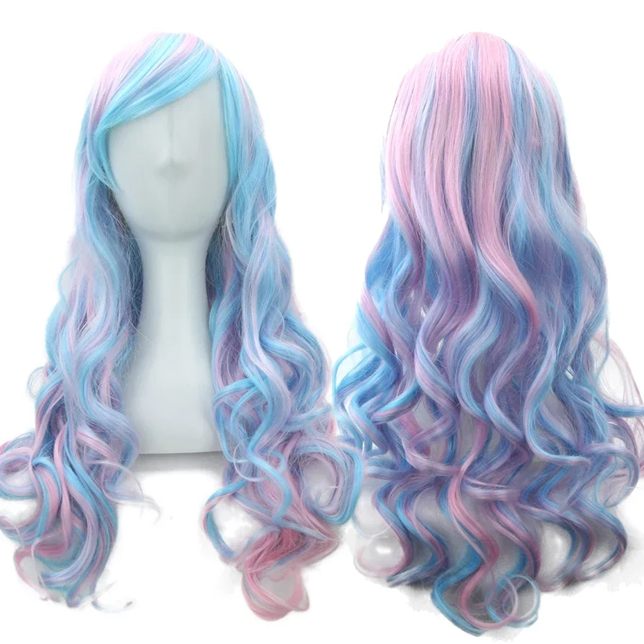 70cm Long Wavy Pink Blue Rainbow Hair Color Wigs Female Synthetic Hair Women's Wig Party False Hair Cosplay Wigs