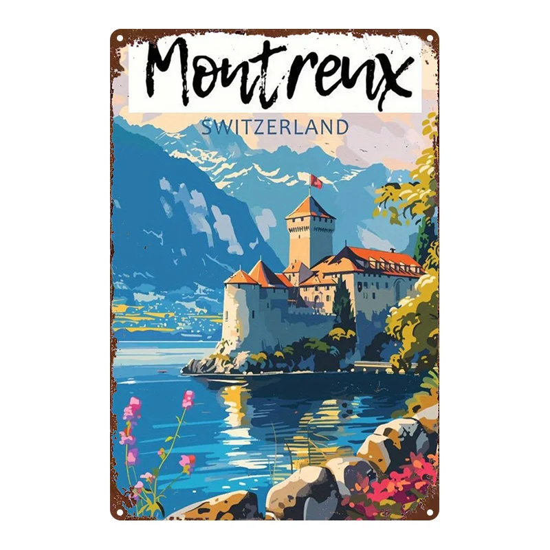 2D Flat - Decorative Sign & Plaque 2D Flat, 1pc, Metal Sign, Swiss Montreux Castle Scenery Tin Painting Vintage Decorative Art,