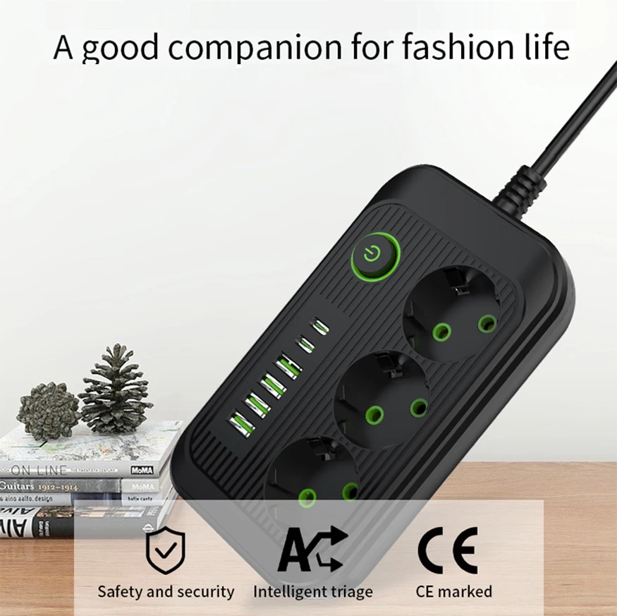 EU Plug AC Outlet Multitap Power Strip 2m Extension Cord Electrical Socket Smart USB Home Office Surge Protector Network Filter