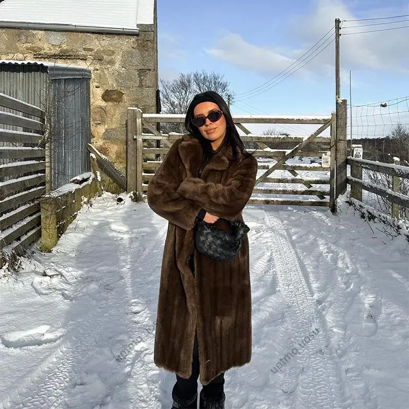 Fashion Trends Long Mink Faux Fur Coat Brown Winter Fuzzy Thick Warm Clothes for Women Iconic Vibe Cozy Outfit Maxi Overcoats