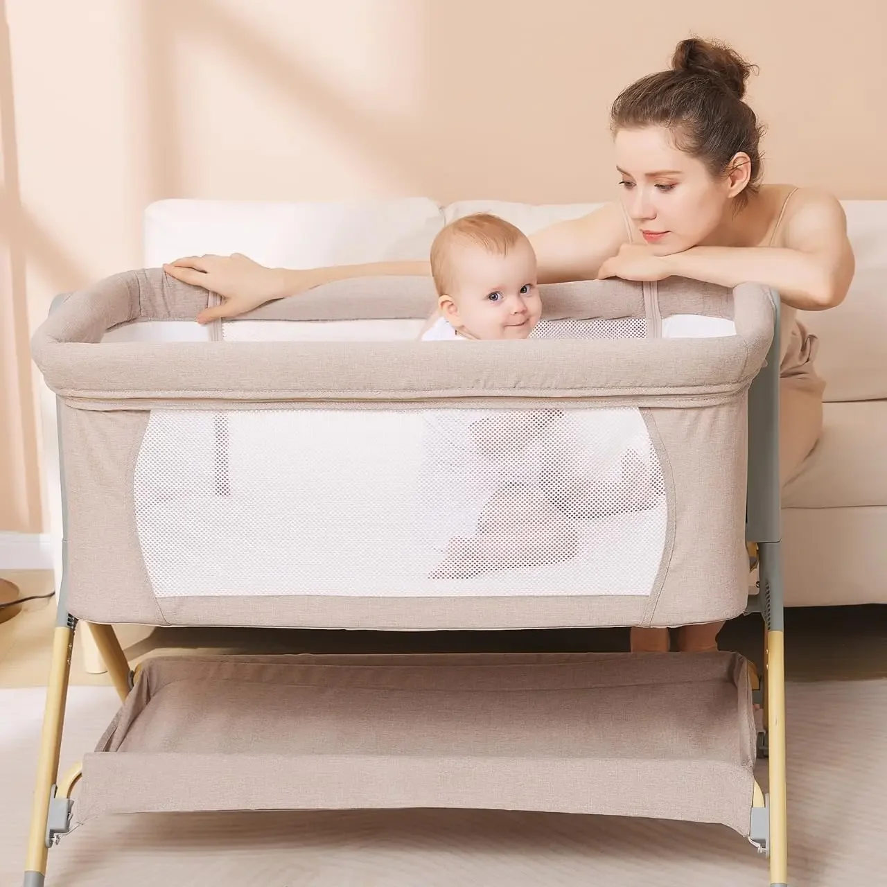 Bassinet, keranjang dengan penutup kasur tahan air, keranjang samping tempat tidur dengan roda dan penyimpanan, tinggi dapat disesuaikan cocok untuk apa pun