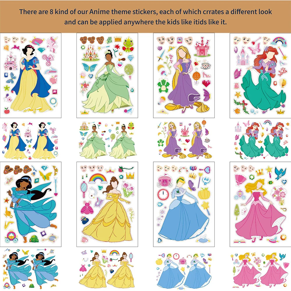 8/16sheets Disney Cute Princess Children Puzzle Stickers Make-a-Face DIY Game Assemble Jigsaw Cartoon Decals Kid Educational Toy