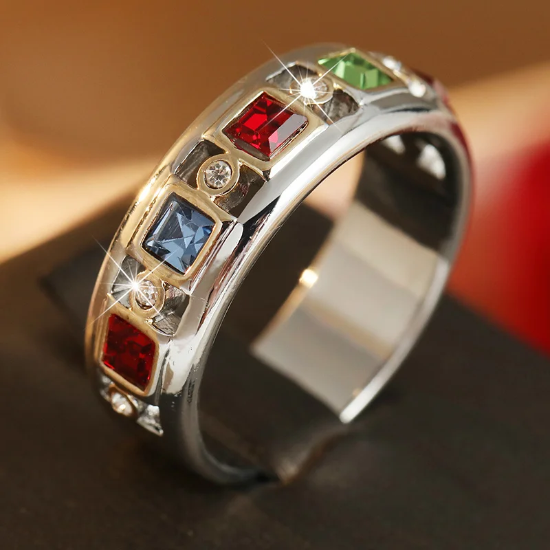 Exquisite Luxury Contrasting Color Women's Ring Multi Colored Square Synthetic Zircon Embedded Ring Daily Party Dating Jewelry