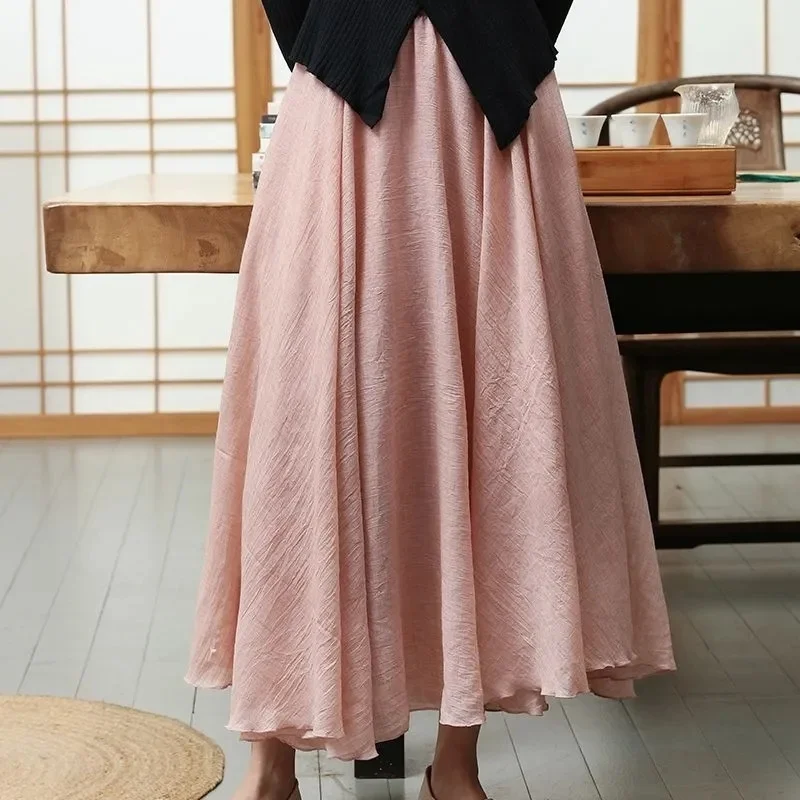 

Female High Waisted Cotton Linen Maxi Skirt Women Leisure Bilayer Half Length Skirt New Chinese Style Lady Versatile Long Skirts