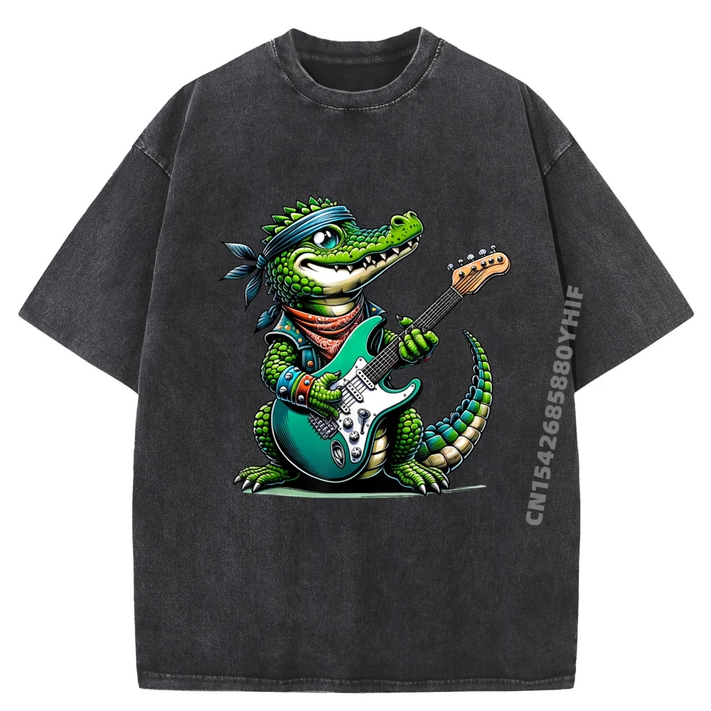 

Crocodile Star Playful Guitar Playing Alligator Luxury Clothing Men's Washed Vintage Shirt Graphic T Shirt