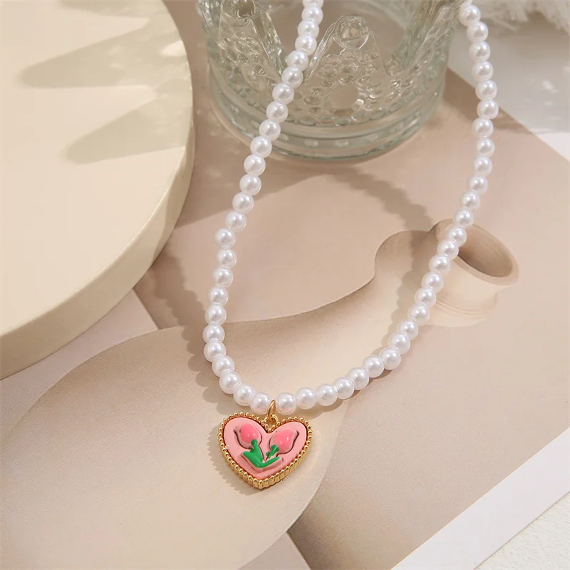 Pink Heart Tulips Flower Pearl Necklace  Choker Sweet Elegant Gift for Women Jewelry Korea Fashion Party Jewelry