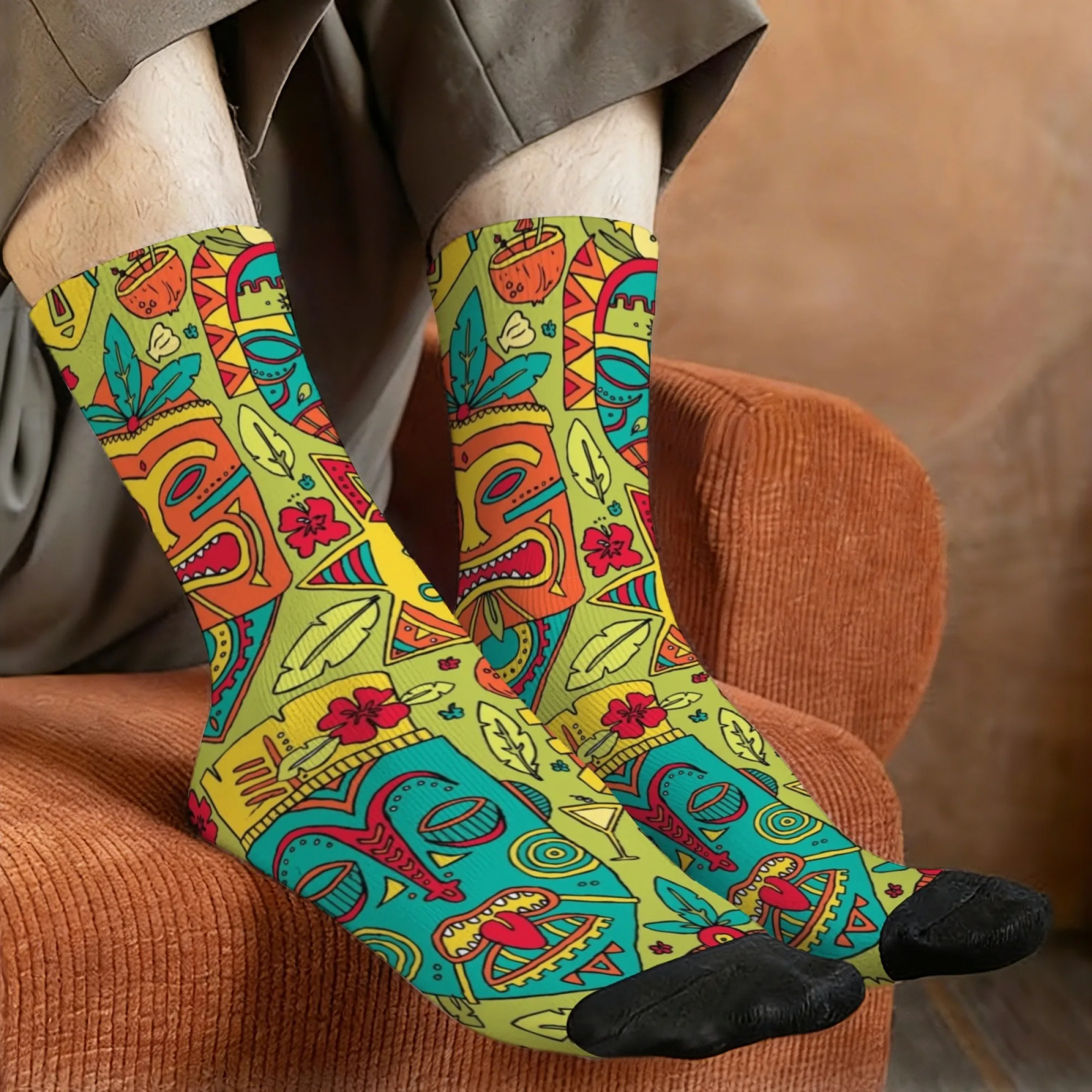Polynesian Totem Mask Tropical Men's Mid-Calf Socks Light Yellow-Green Base with Ethnic Geometric Pattern Print Stylish Socks