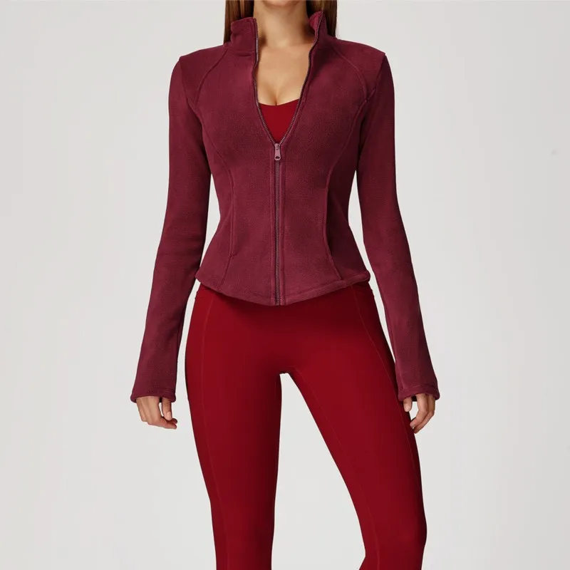 Chaqueta deportiva de lana de invierno para mujer, abrigo de Yoga de manga larga con cremallera, Top cálido para gimnasio, ropa deportiva para correr y entrenar para ciclismo