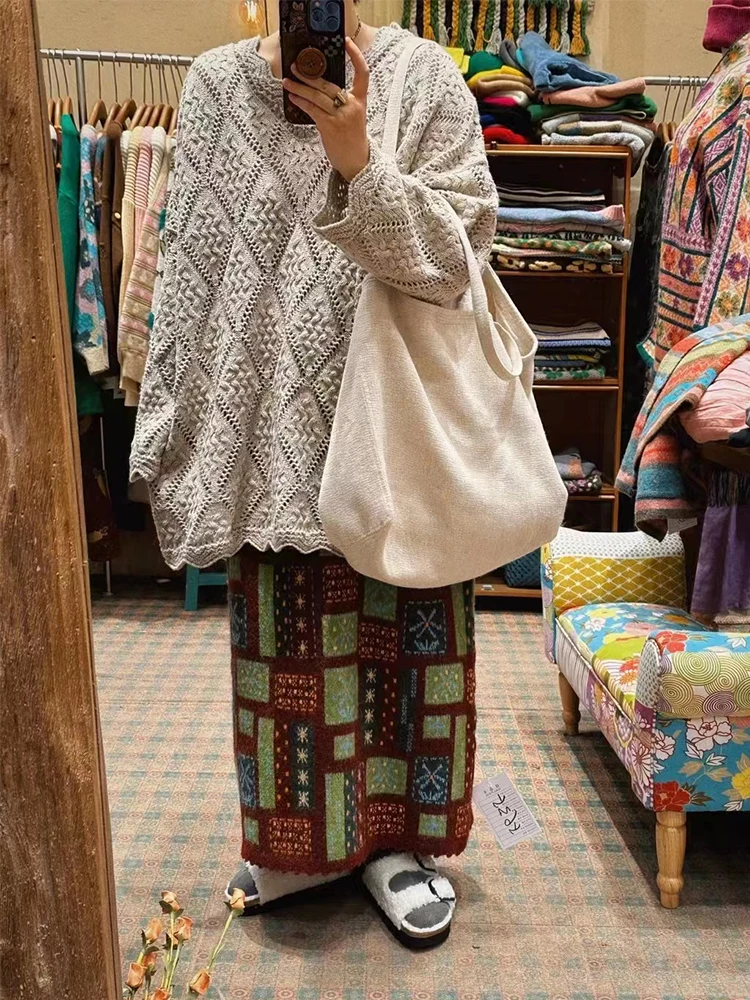 

Свободный вязаный свитер с V-образным вырезом и цветочным узором, большие размеры, женский, синий, осенний, модный, повседневный, подходит для любого типа фигуры