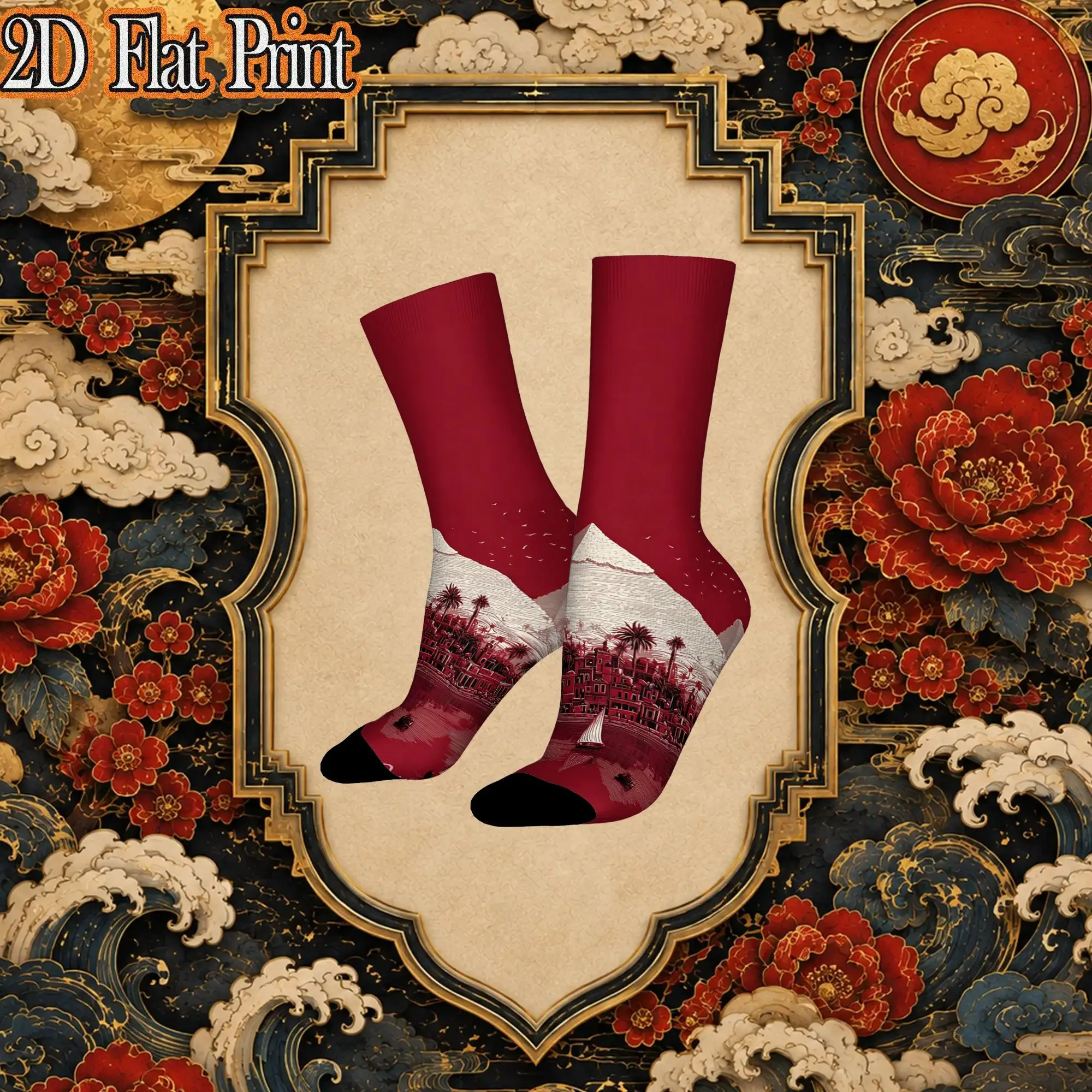 Vintage Egyptian Pyramid Sunset Print Vintage  Street Style Novelty Pattern Crew Creative Sock Sports Socks