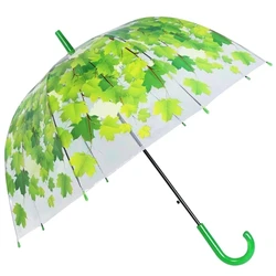 Long Handle Transparent Small Umbrella Clear Baking Paint Summer Green Autumn Maple Leaves Creative Kids Umbrella