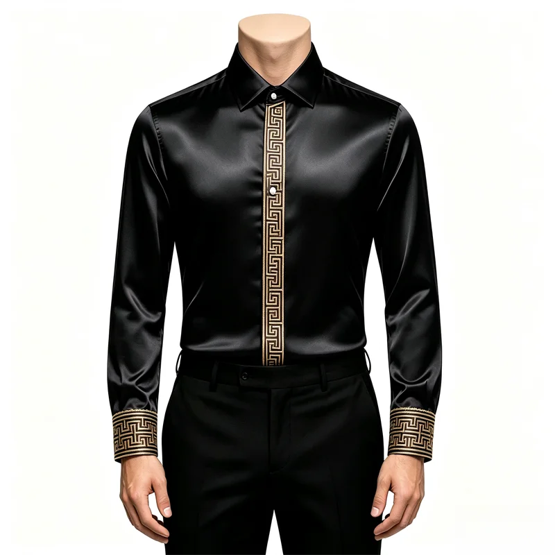 Men's Long Sleeved Shirt, Made of Smooth Material, High-Quality Solid Color, Lightweight and Fashionable, With a Business and Le