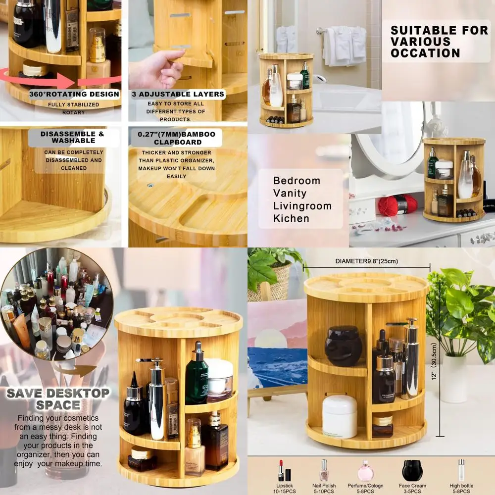 

Bamboo Cosmetic Organizer with 360° Rotation, Adjustable Vanity Rack, Large Makeup Storage Box for Beauty Products (Beige)