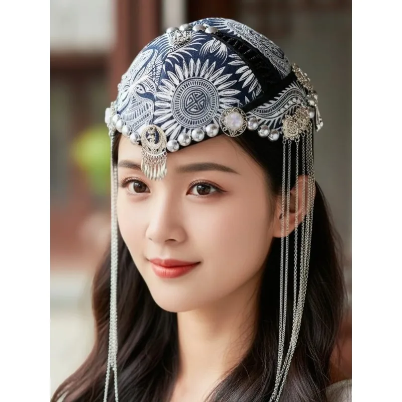 Artistic national style blue dye hairband for women, national trend and ethnic style vintage large hairpin to cover gray hair