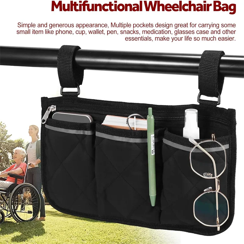 Wheelchair Side Bag for Back Wheelchair Storage Bag Pouch Fits Most Bed Rail Scooters Walker Power & Manual Electric Wheelchair