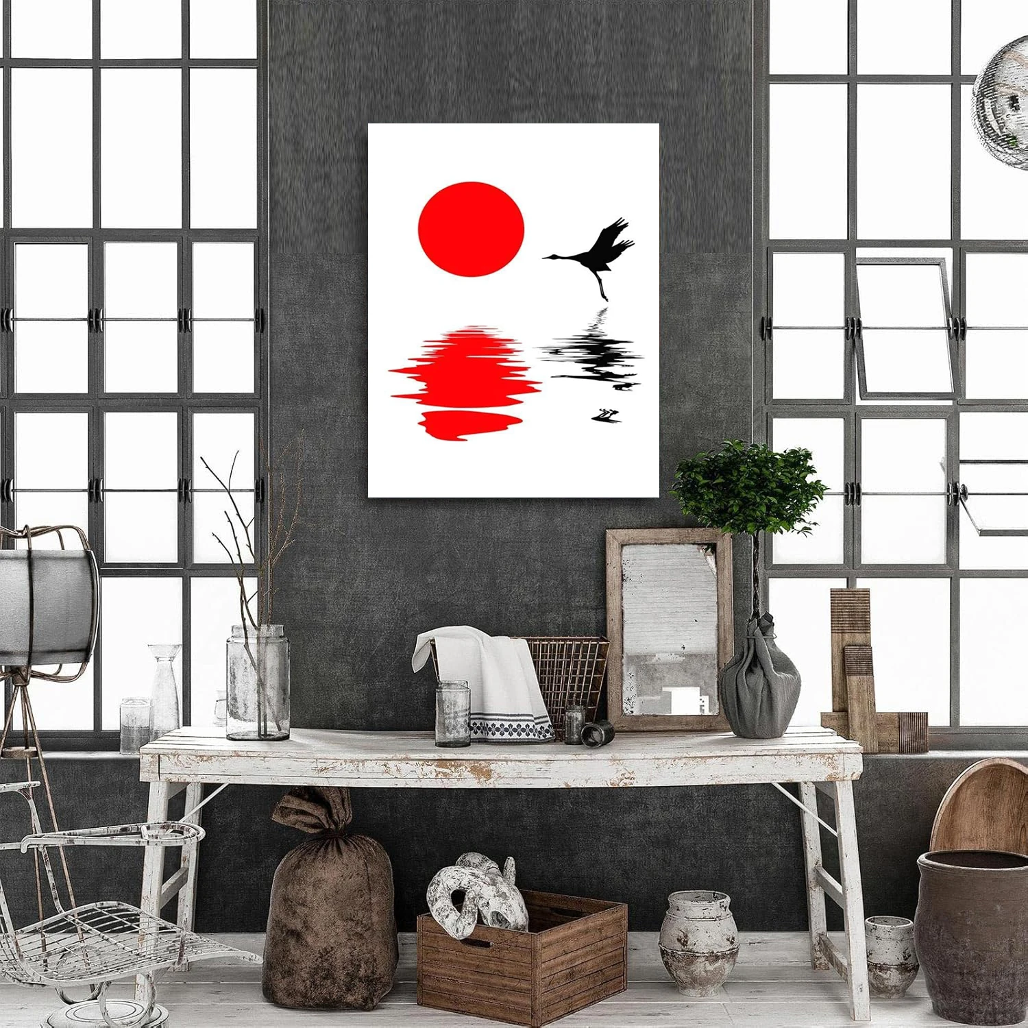 Japanese Style Sunset Silhouette Poster Red-Crowned Crane Wall Art Prints Canvas Landscape Painting Living Room Office Decor