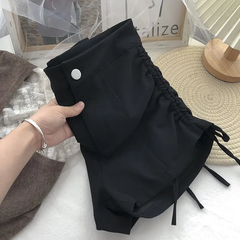 Black Shorts Women A-line Shirring High Waist Summer Lace-up Korean Fashion Simple Hotsweet Streetwear BF Leisure Stylish 5XL