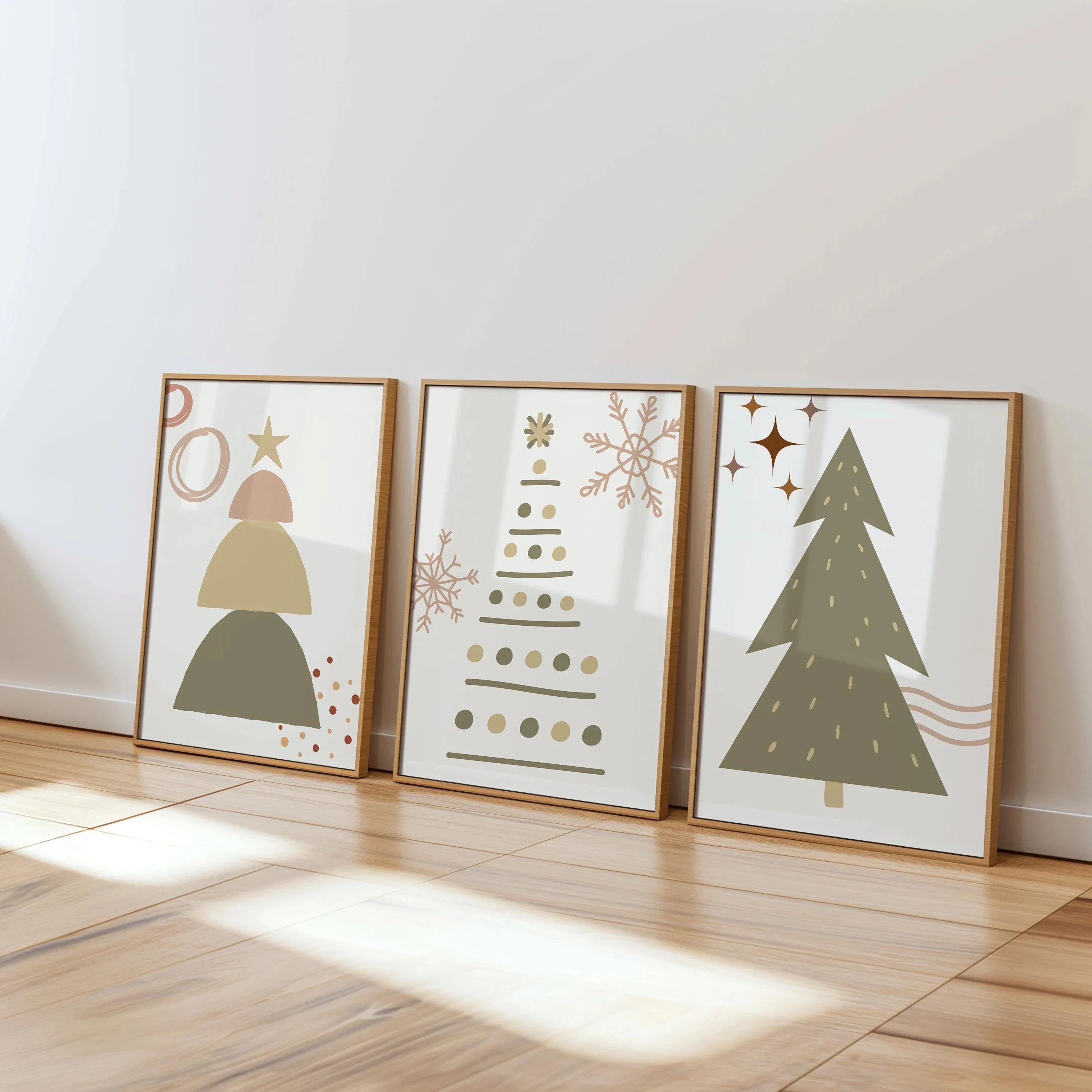 3pcs frameless Canvas Painting 3Pcs Boho Christmas Wall Decor, Abstract Geometric Christmas Tree Print, Snowflake Poster, Minima