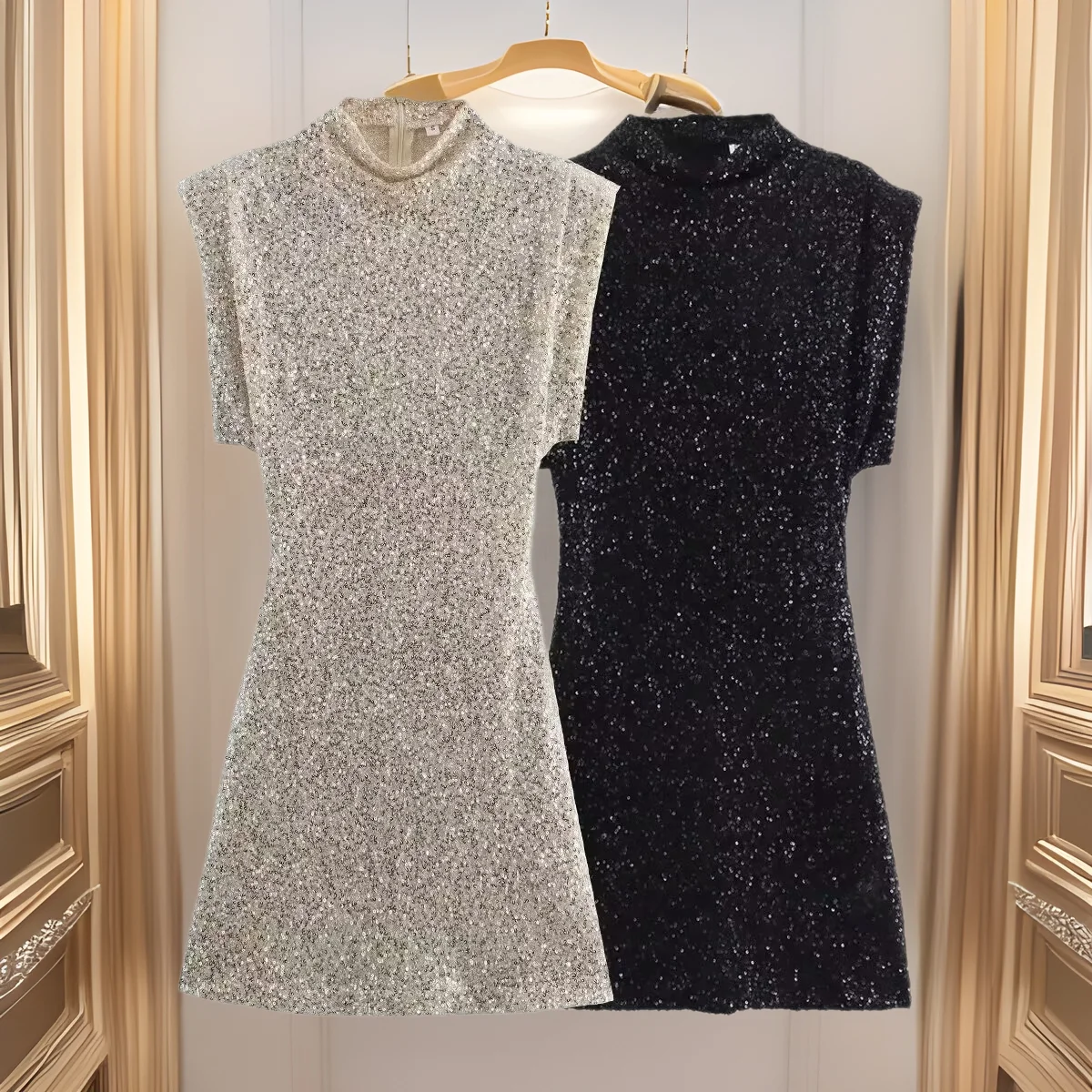 

Luxury Sequin Slim Dress Women's Sequin Midi Dress Sleeveless Sparkling Black Silver Gown Chic Backless Clubwear Night Party