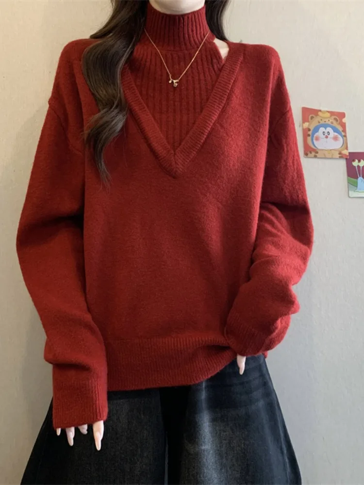 

Ele красный шерстяной вязаный свитер с высоким воротником, свободный утягивающий базовый слой, топ для женщин, осень-зима Faion Ci Walk