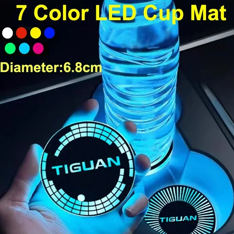 Car Drinks Holders 7 Colorful LED Cup Mat Pad for TIGUAN Logo USB Charging Intelligent Water Coaster Decor Light Accessories