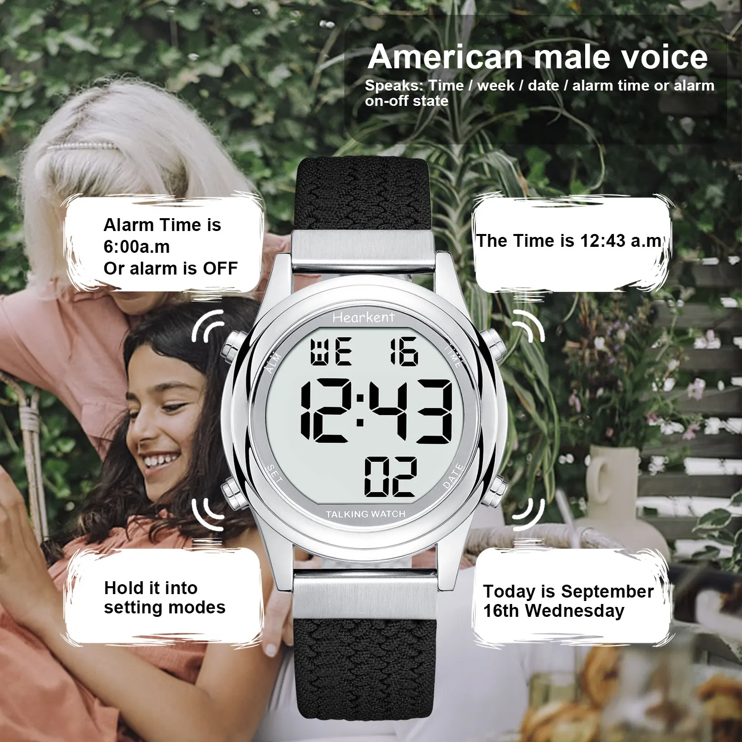 Hearkent Talking Watch Clock for Blind Women Digital Watch Casual Wristwatch Alarm English/German/Spanish/French Speaking Watch