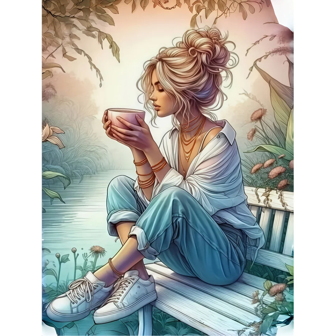 

Diamond Painting Kit: Latest Creative Design "Blonde Girl Holding a Cup on a Waterfront Bench" Decorative Painting