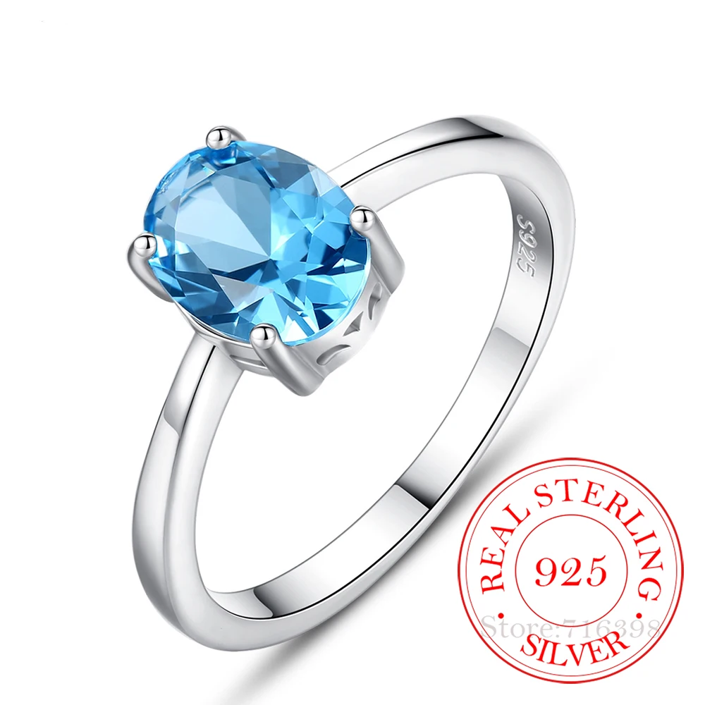 

Luxury Real S925 Sterling Silver Finger Rings For Women Lover Geometric Blue Topaz Wedding Ring Anillos Mujer Fine Jewelry Gift