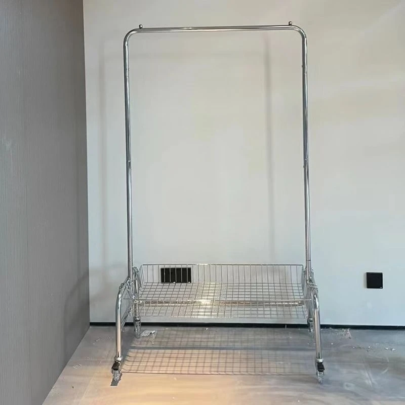 

Stainless Steel Floor Hanger Hanging Hanger Mobile Multifunctional Storage Shelf Clothing Store Red Bedroom with Basket Shelf