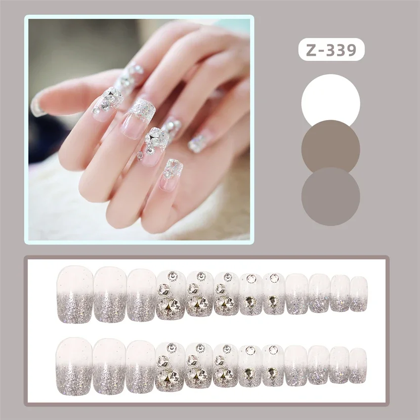 Faux ongles collants faits à la main, paillettes avec diamants, conception française, tête plate, presse acrylique, N64.Set, 24 pièces