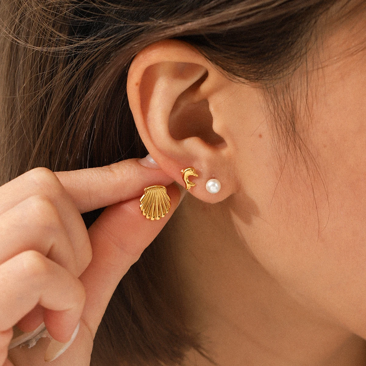 3pc/1set Ocean Element Shell Starfish Dolphin Earring Set 18k Gold Plated Stainless Steel Jewelry Can Be Worn Separately