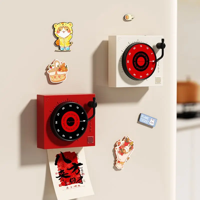 Retro Record Player Shaped Mechanical Magnetic Alarm Clock 60 Min Countdown Timer Red/White For Kitchen Cooking Study Fridge