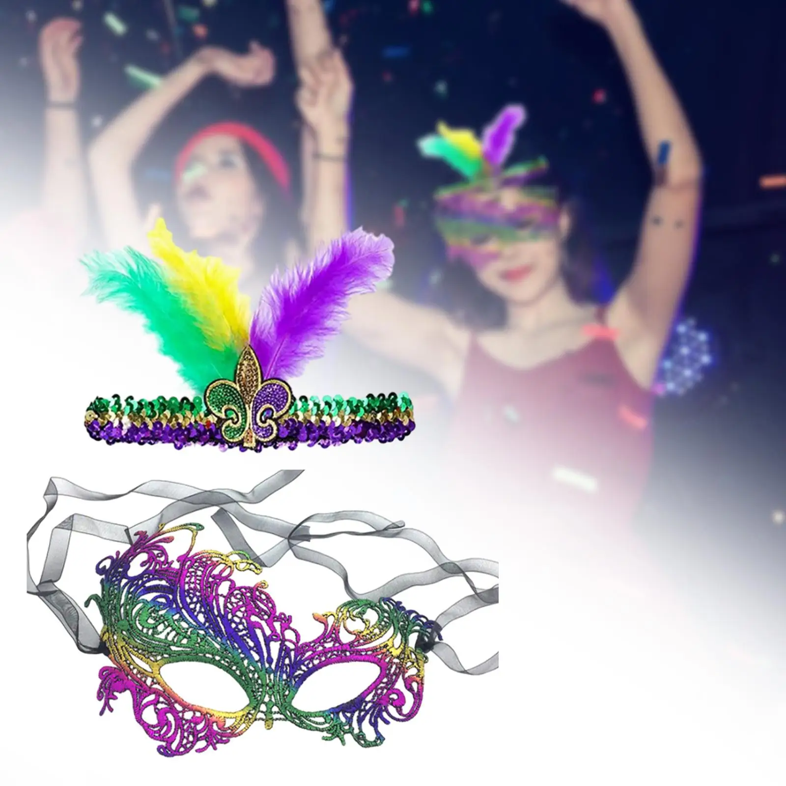 

Masquerade Mask and Sequin Headband Prom Mask with Ribbon Strap Mardi Gras Mask Costume Accessories for Christmas Dress up