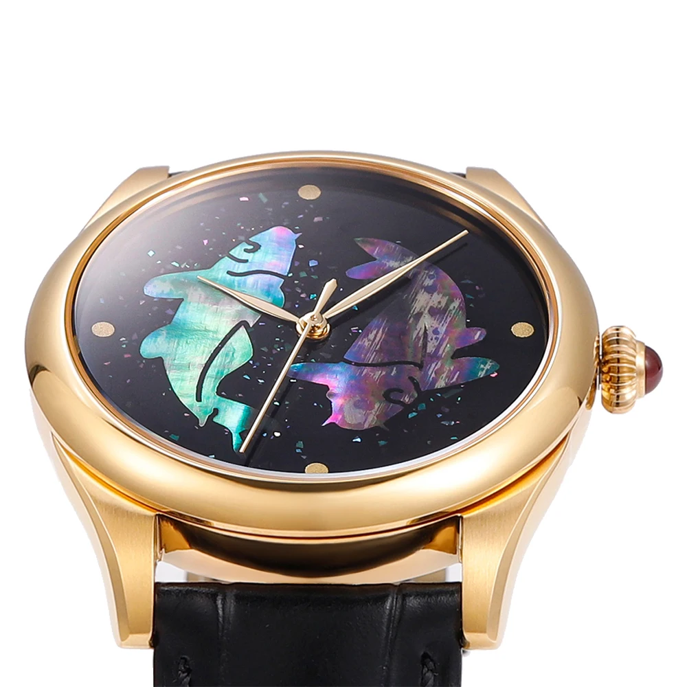 HUASUO Luxury 38mm Lacquer Mother-of-pearl Inlay Watches For Men Gold-plated Case 50m Waterproof Automatic Mechanical movement