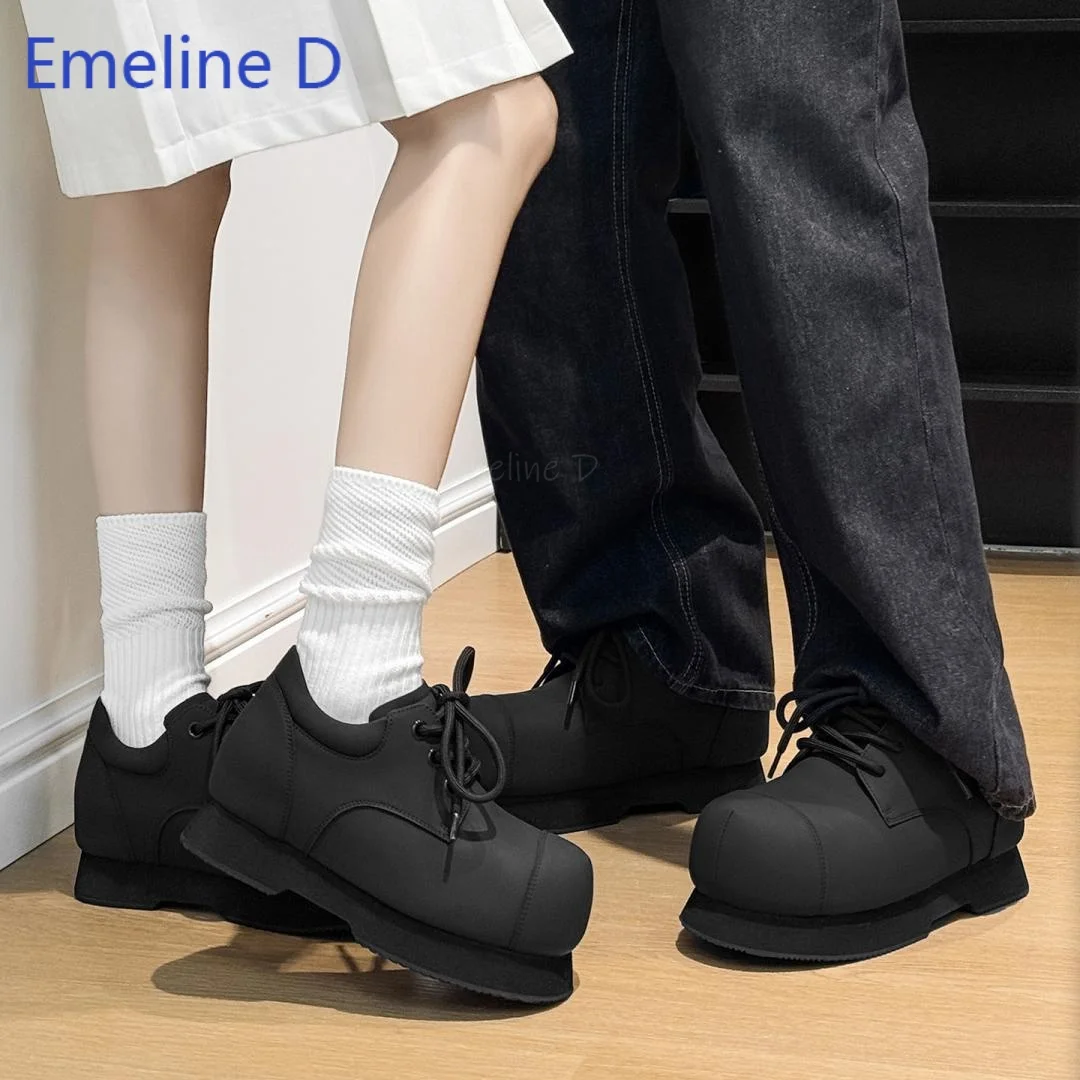 Unisex Big Round Toe Platform Derby Shoes Lace Up Matte Upper Thick Sole Couple Footwear Street Fashion Casual Daily Wear Shoes