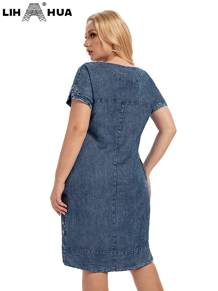 Imagem -03 - Lih Hua Feminino Tamanho Grande Denim Vestido Outono Chique Vestidos Elegantes para Gorducho Feminino Algodão Tecido Vestido