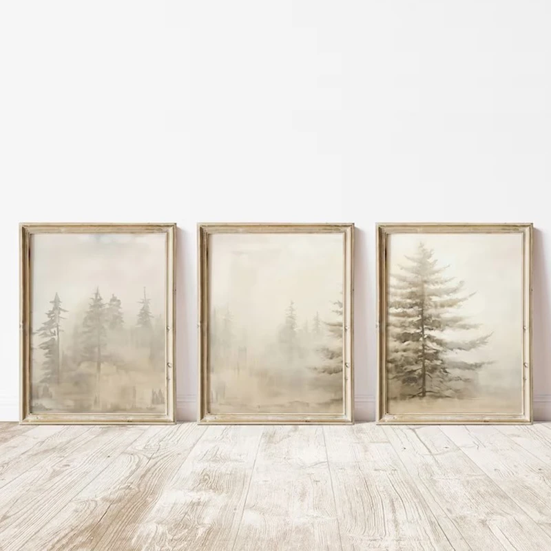 Neutral Fir Tree Misty Forest Nature Landscape Poster and Prints Wall Art Pictures Canvas Painting Home Farmhouse Decor