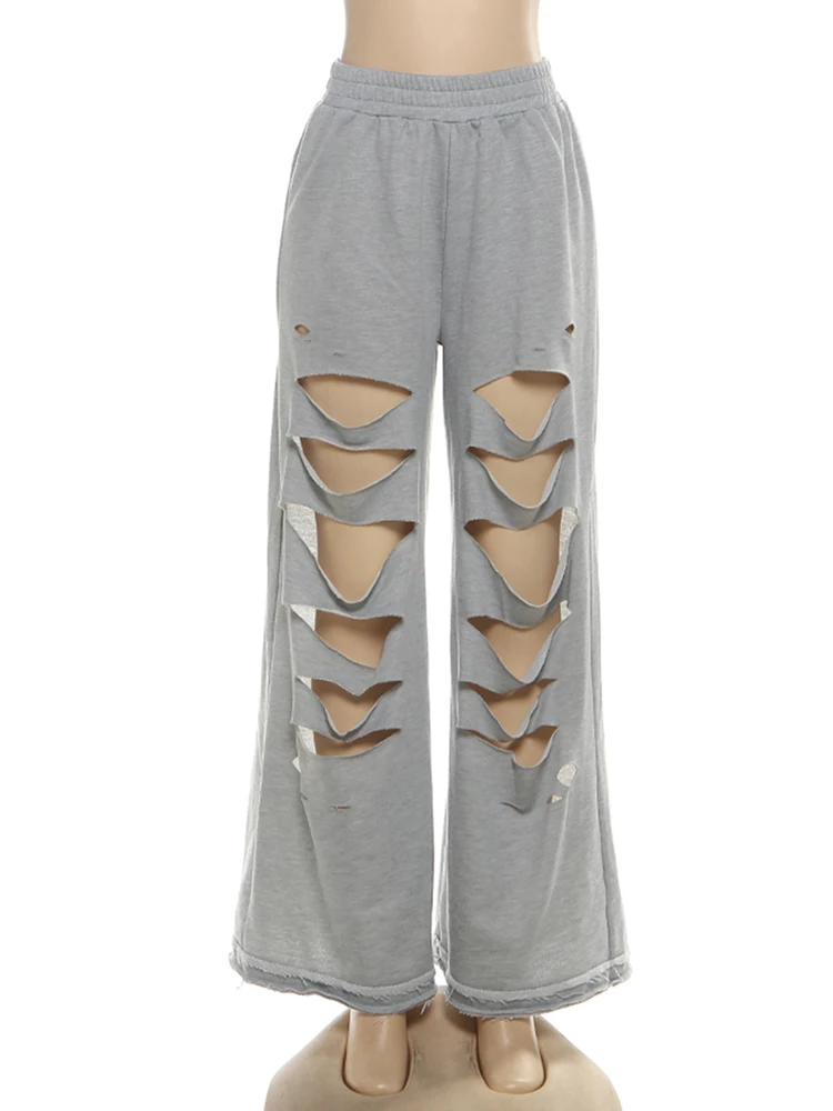 Kilou Casual Surdimensionné Long Pantalon Femme Irrégulier Creux Conception Élastique Taille Haute Rue Mode Polyvalent Style Classique Bas