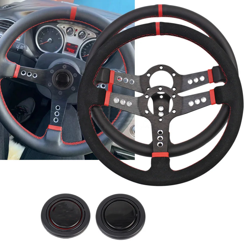 Universal 14 Inch 350mm Flat Steering Wheel Suede&Leather Racing Drift Steering Wheel Tools Car Modification Accessories